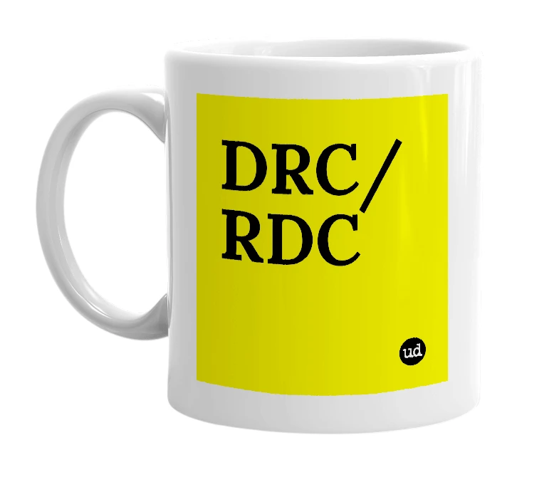 White mug with 'DRC/RDC' in bold black letters