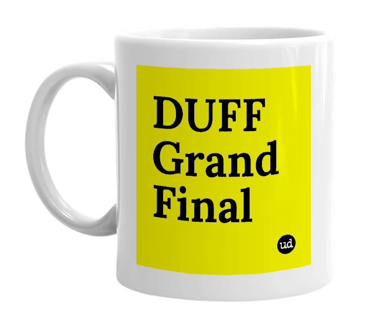 White mug with 'DUFF Grand Final' in bold black letters