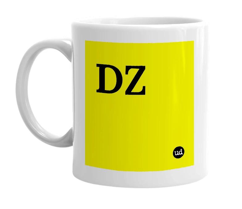 White mug with 'DZ' in bold black letters