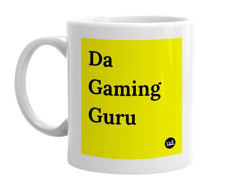 White mug with 'Da Gaming Guru' in bold black letters