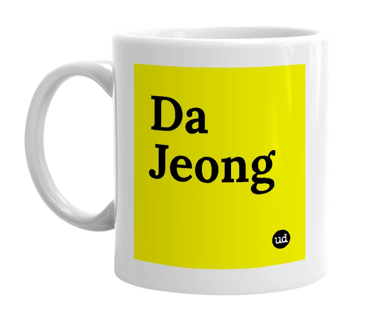 White mug with 'Da Jeong' in bold black letters