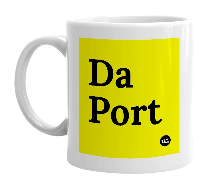 White mug with 'Da Port' in bold black letters