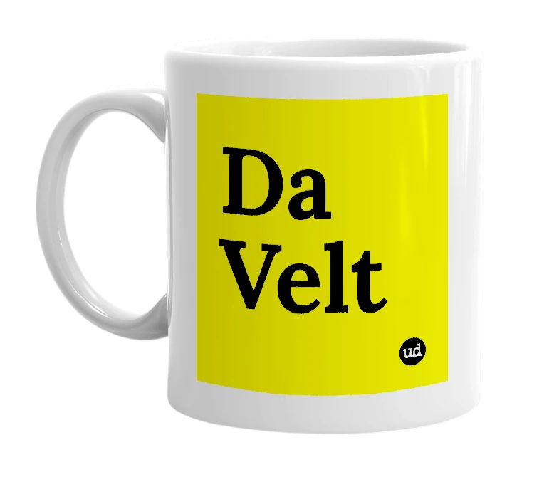 White mug with 'Da Velt' in bold black letters