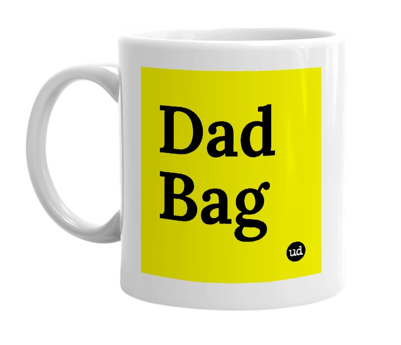 White mug with 'Dad Bag' in bold black letters