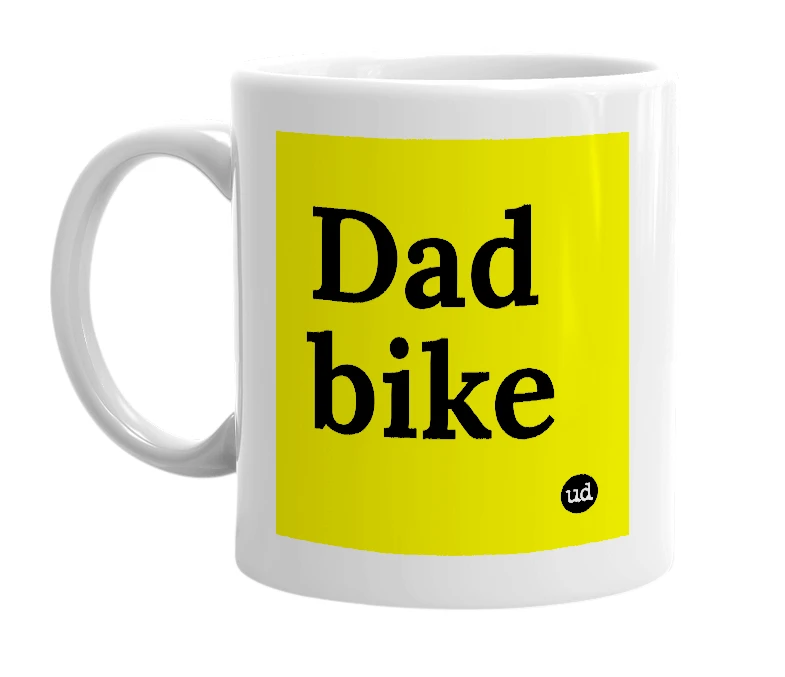 White mug with 'Dad bike' in bold black letters