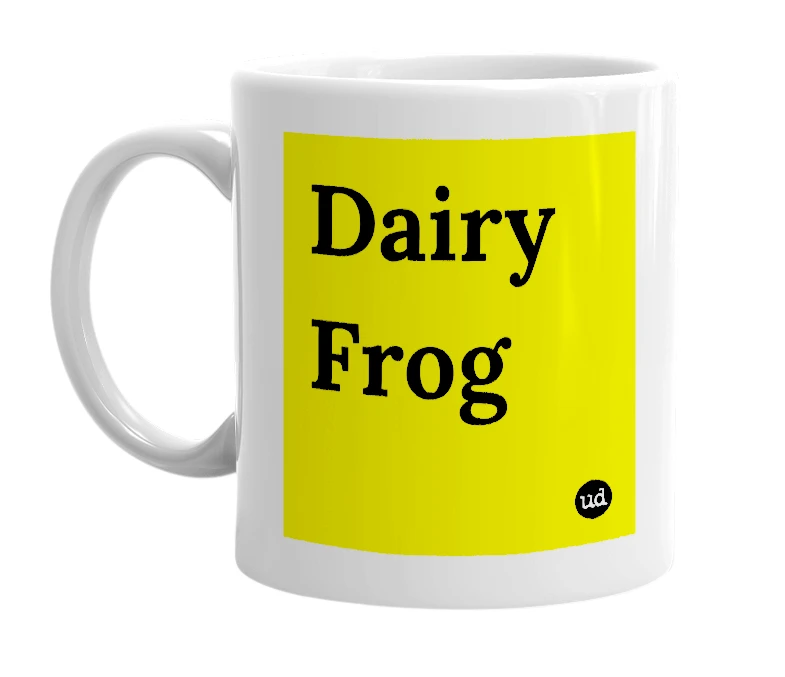 White mug with 'Dairy Frog' in bold black letters