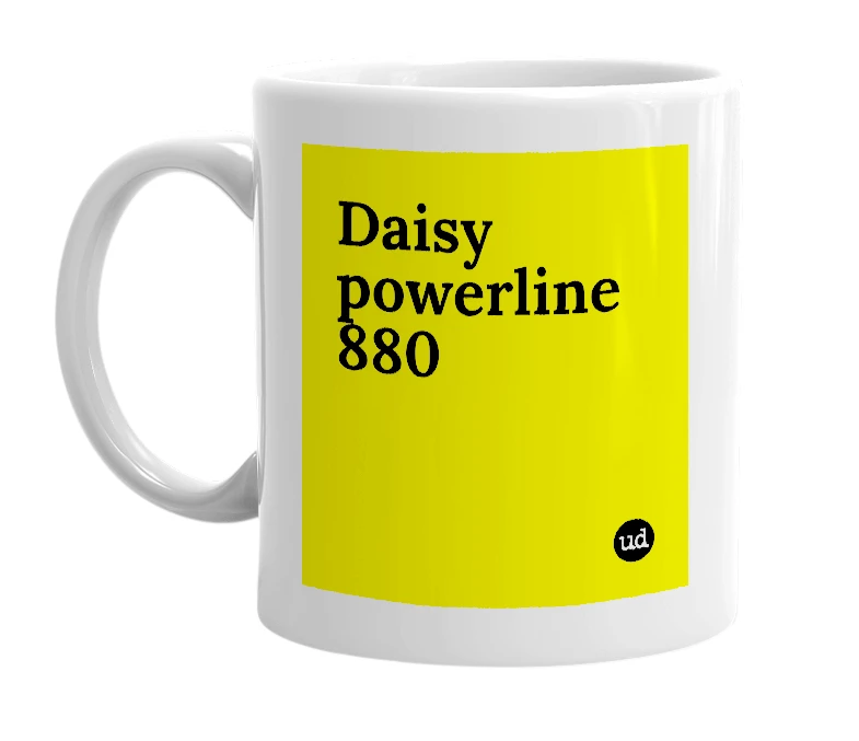 White mug with 'Daisy powerline 880' in bold black letters