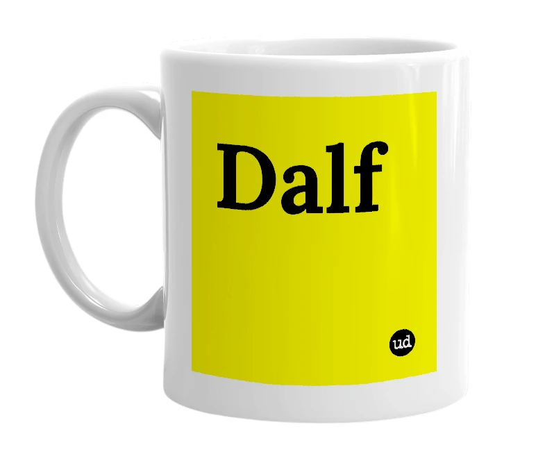 White mug with 'Dalf' in bold black letters
