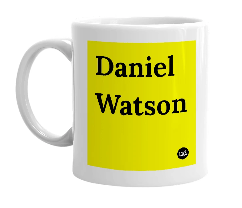 White mug with 'Daniel Watson' in bold black letters