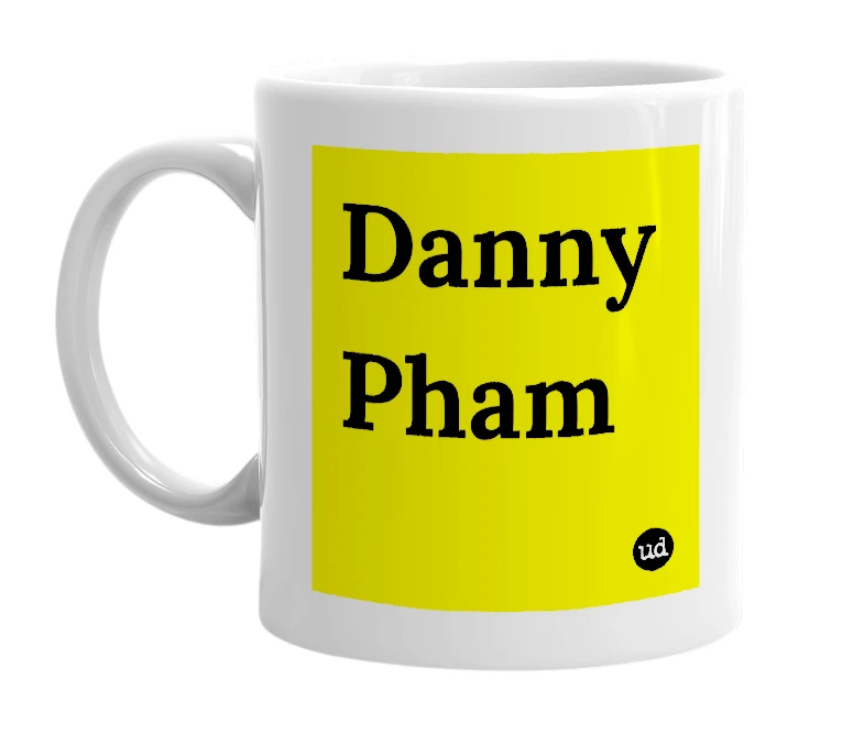 White mug with 'Danny Pham' in bold black letters