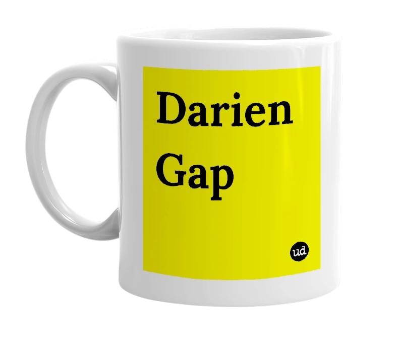 White mug with 'Darien Gap' in bold black letters