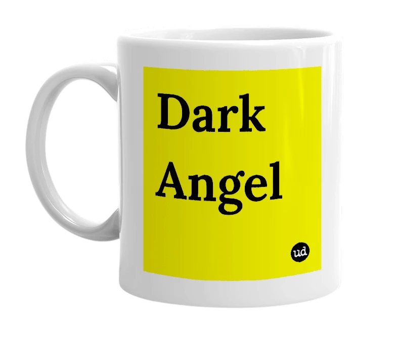White mug with 'Dark Angel' in bold black letters