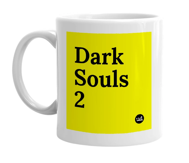 White mug with 'Dark Souls 2' in bold black letters