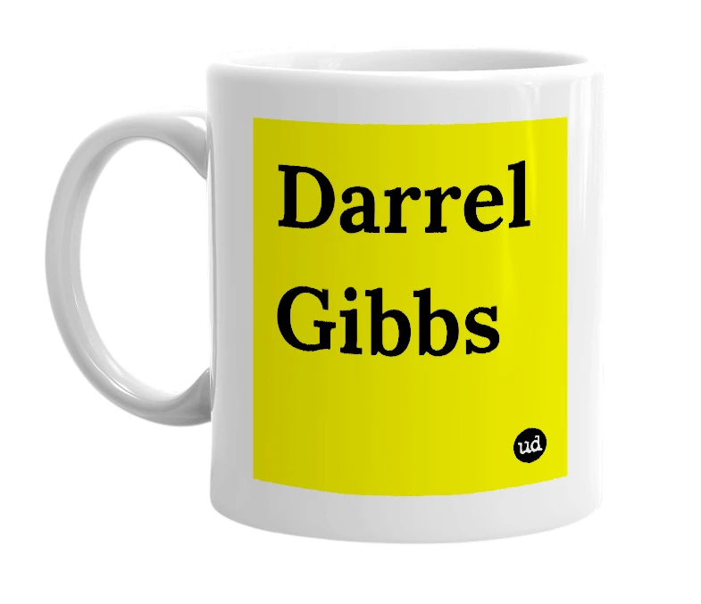 White mug with 'Darrel Gibbs' in bold black letters