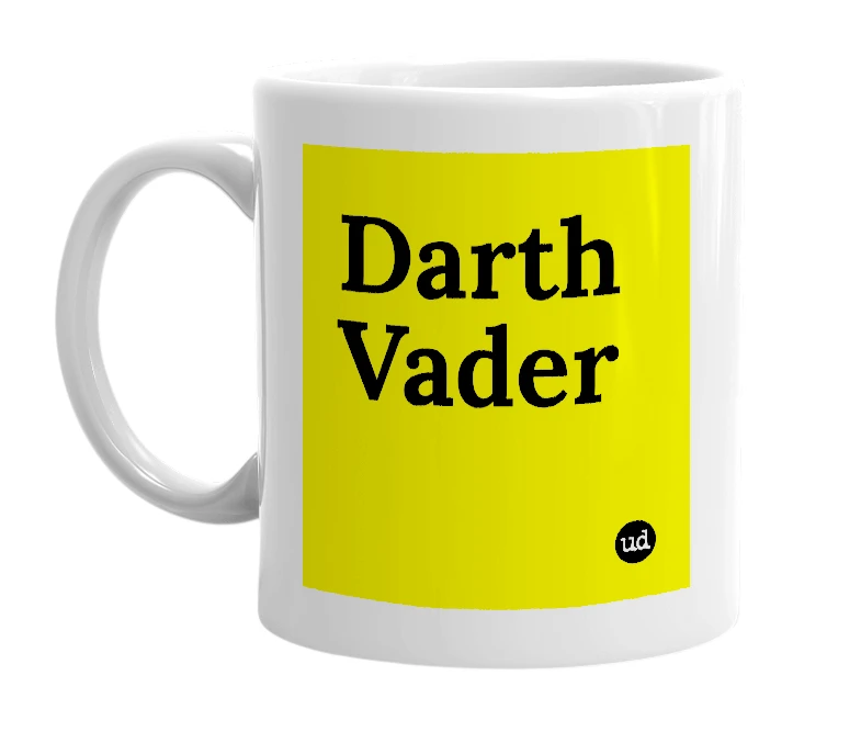 White mug with 'Darth Vader' in bold black letters