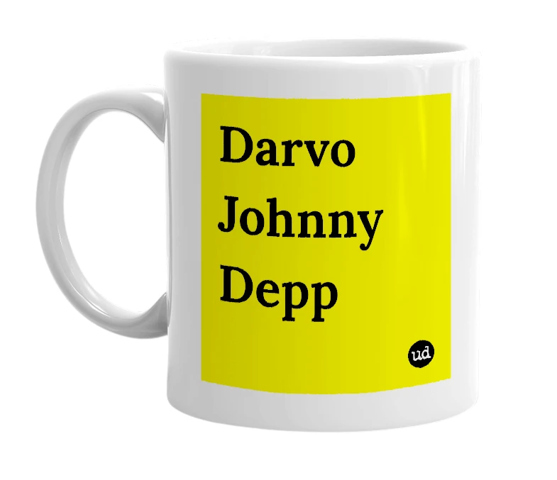 White mug with 'Darvo Johnny Depp' in bold black letters