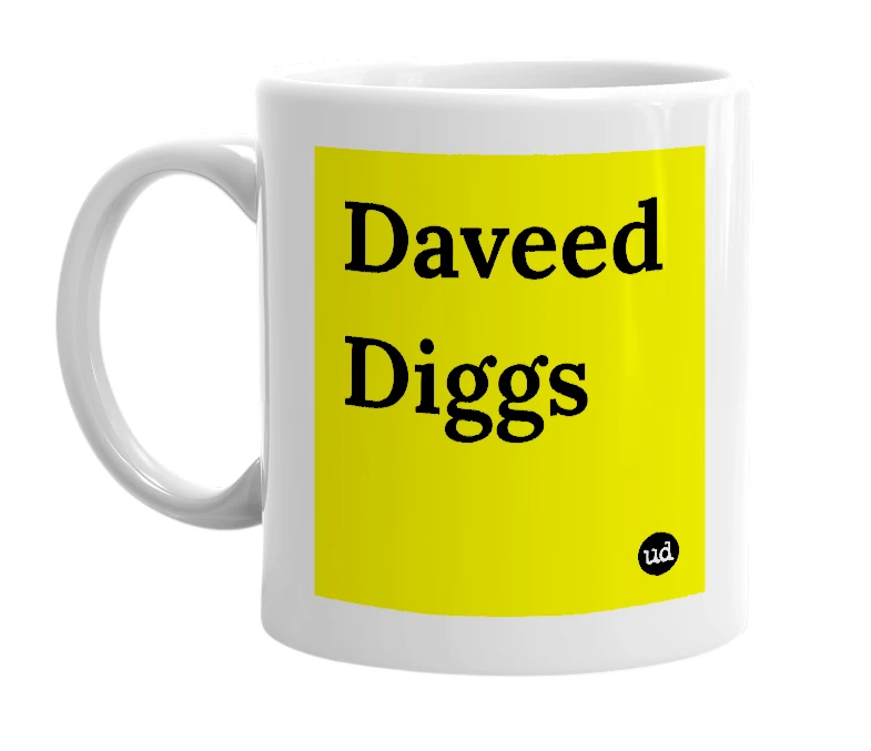 White mug with 'Daveed Diggs' in bold black letters