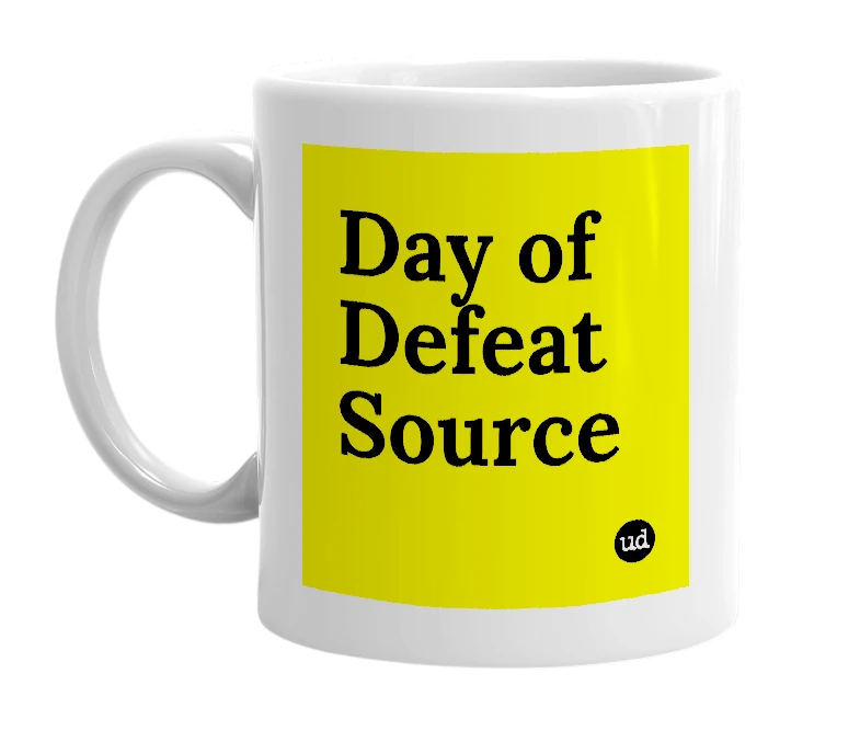 White mug with 'Day of Defeat Source' in bold black letters