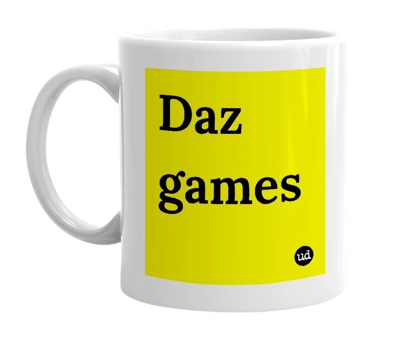 White mug with 'Daz games' in bold black letters