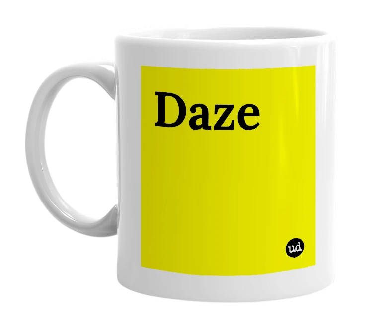 White mug with 'Daze' in bold black letters