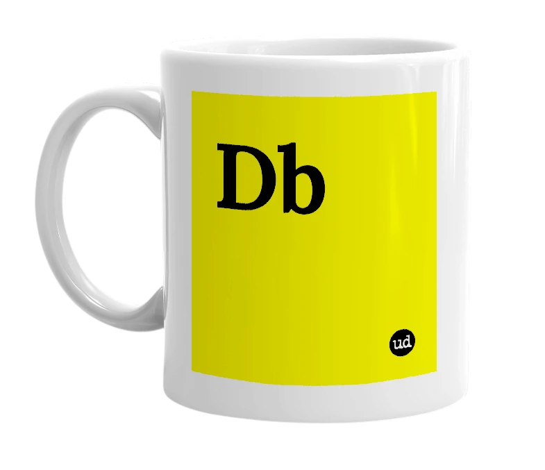 White mug with 'Db' in bold black letters