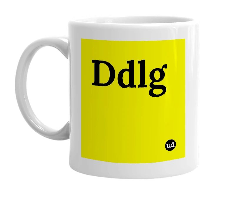 White mug with 'Ddlg' in bold black letters