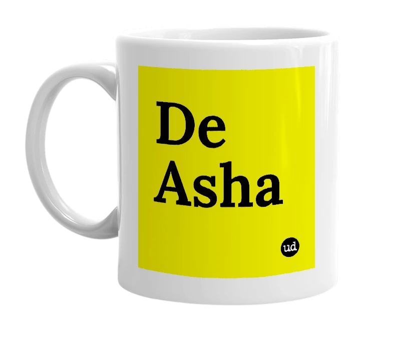 White mug with 'De Asha' in bold black letters