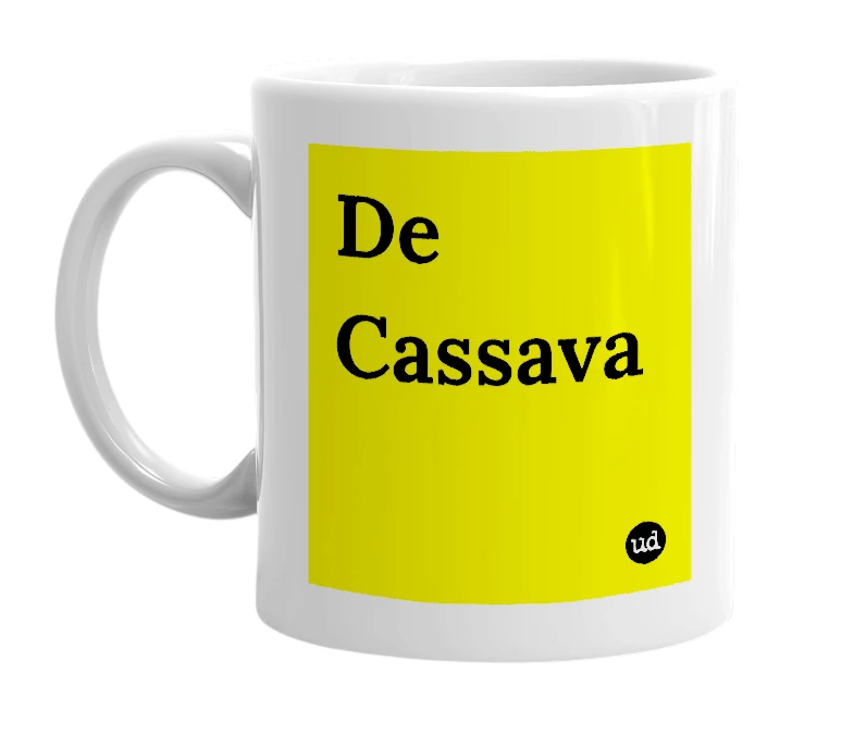 White mug with 'De Cassava' in bold black letters