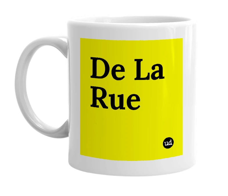 White mug with 'De La Rue' in bold black letters