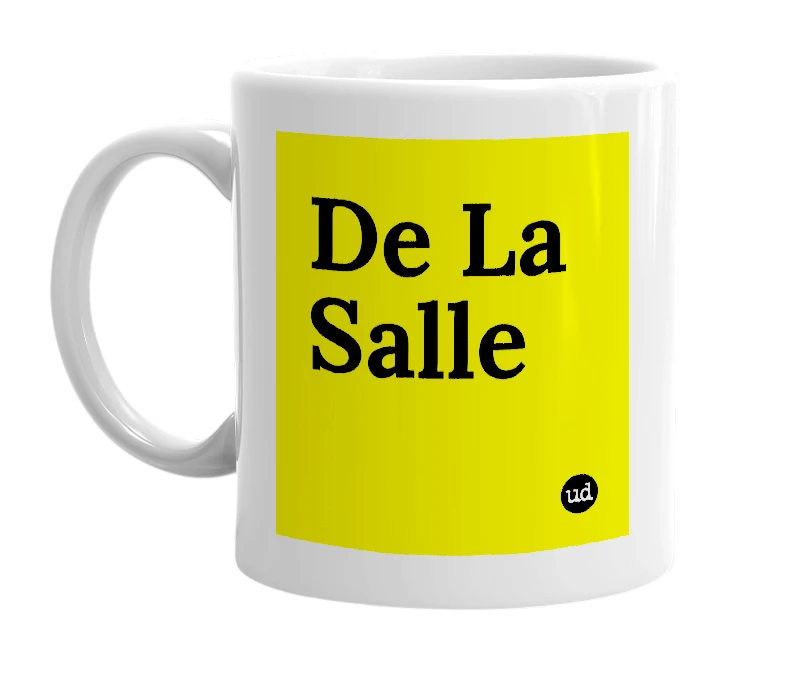 White mug with 'De La Salle' in bold black letters