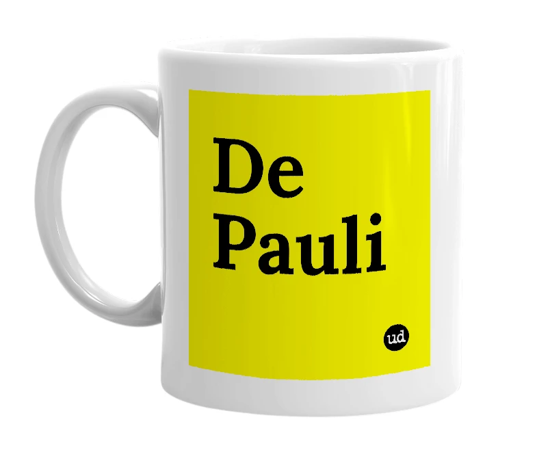 White mug with 'De Pauli' in bold black letters