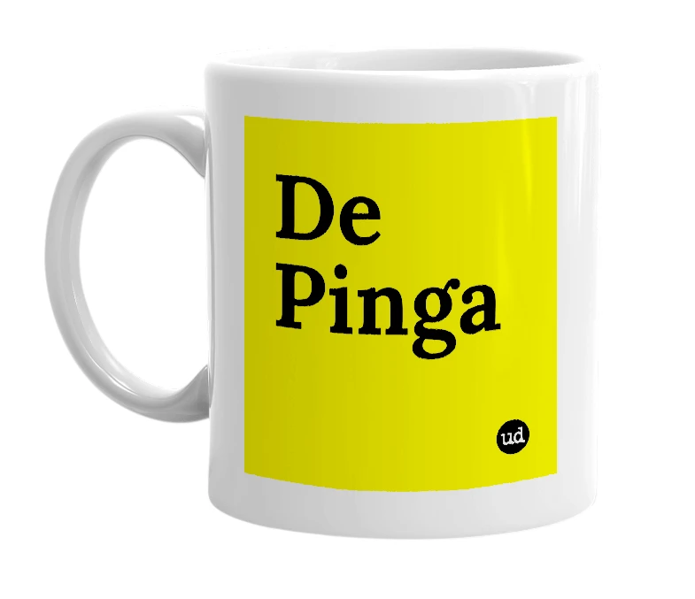 White mug with 'De Pinga' in bold black letters