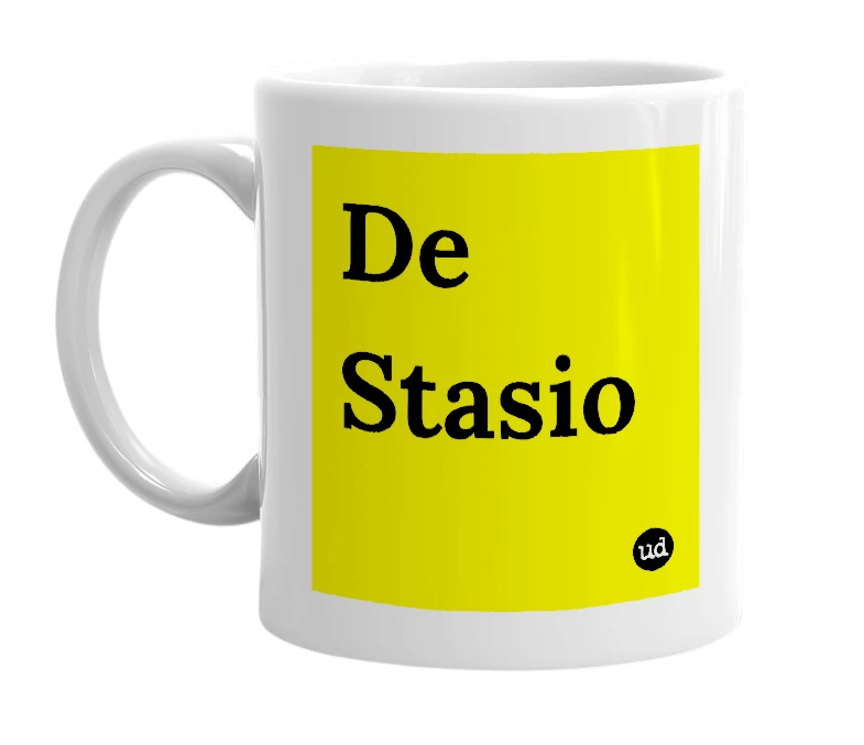 White mug with 'De Stasio' in bold black letters