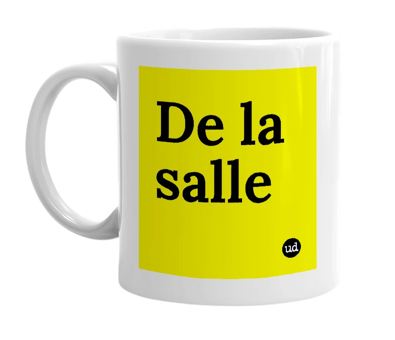 White mug with 'De la salle' in bold black letters