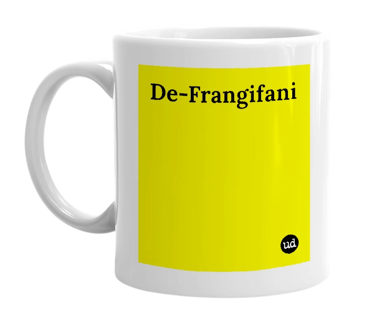 White mug with 'De-Frangifani' in bold black letters