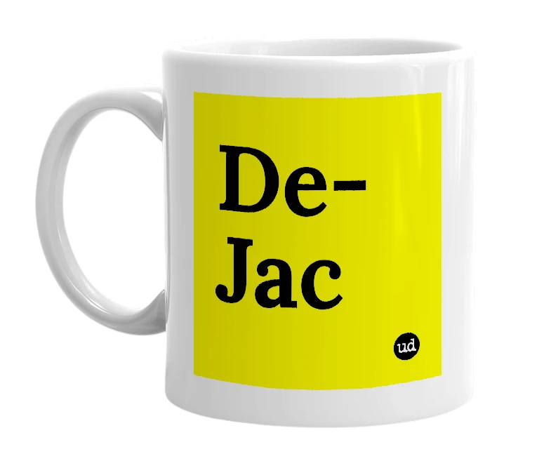 White mug with 'De-Jac' in bold black letters