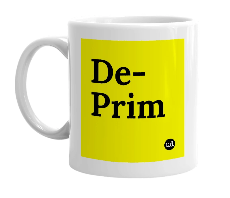 White mug with 'De-Prim' in bold black letters