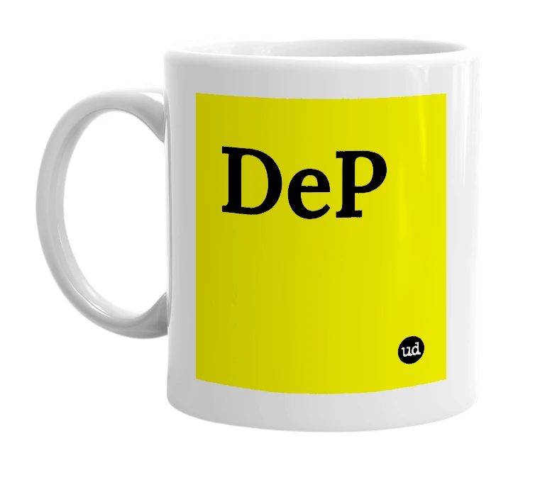 White mug with 'DeP' in bold black letters