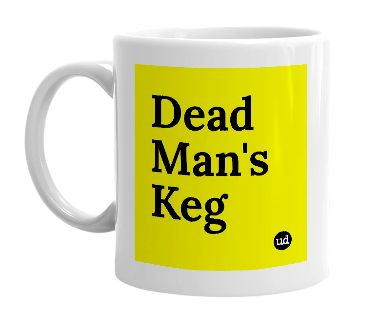 White mug with 'Dead Man's Keg' in bold black letters