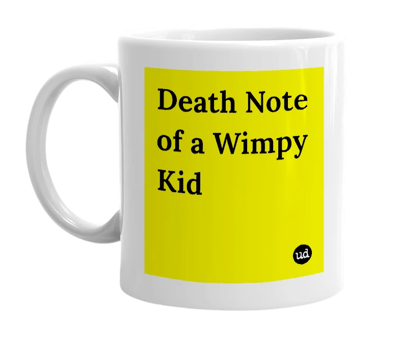 White mug with 'Death Note of a Wimpy Kid' in bold black letters