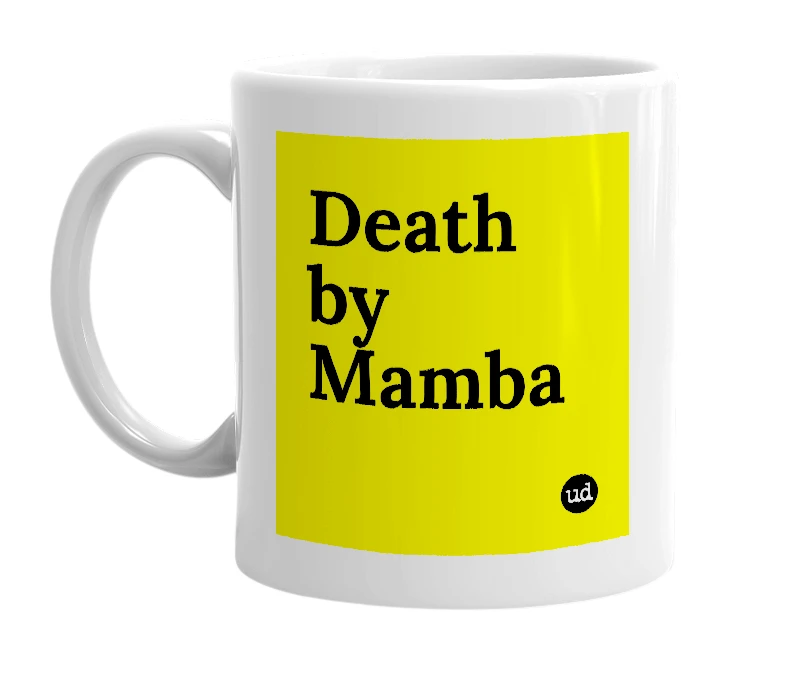 White mug with 'Death by Mamba' in bold black letters