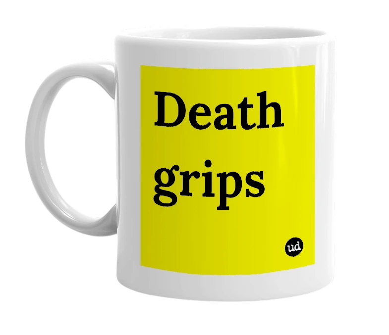 White mug with 'Death grips' in bold black letters
