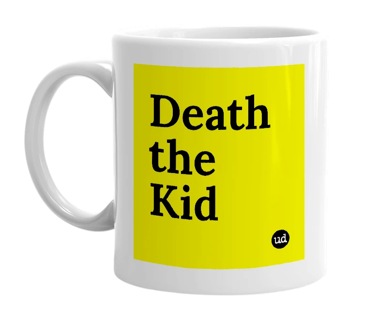 White mug with 'Death the Kid' in bold black letters