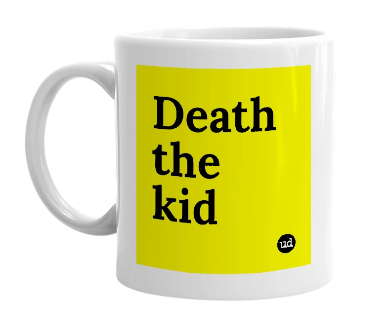 White mug with 'Death the kid' in bold black letters