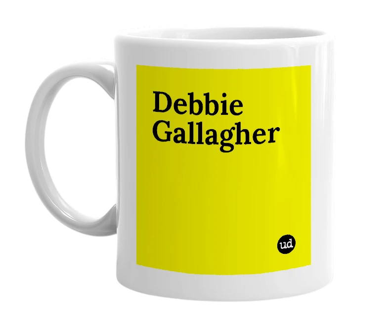 White mug with 'Debbie Gallagher' in bold black letters