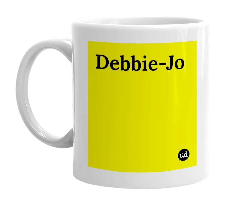 White mug with 'Debbie-Jo' in bold black letters