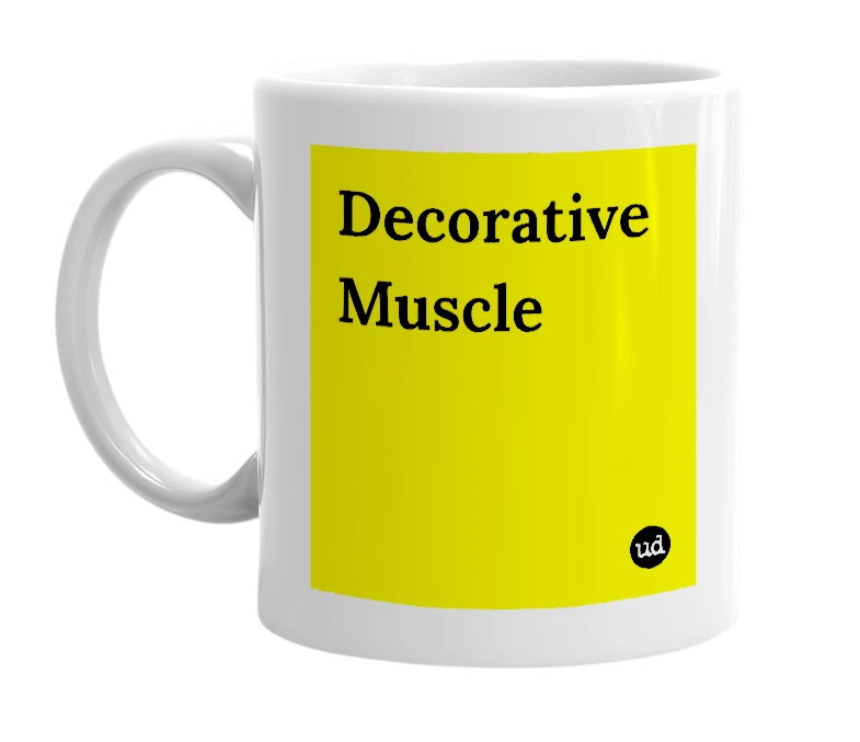 White mug with 'Decorative Muscle' in bold black letters