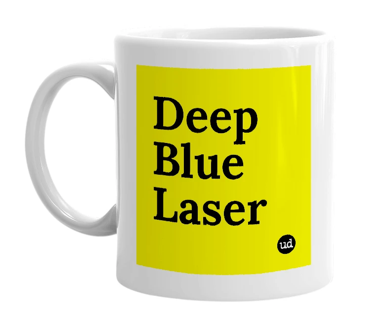 White mug with 'Deep Blue Laser' in bold black letters