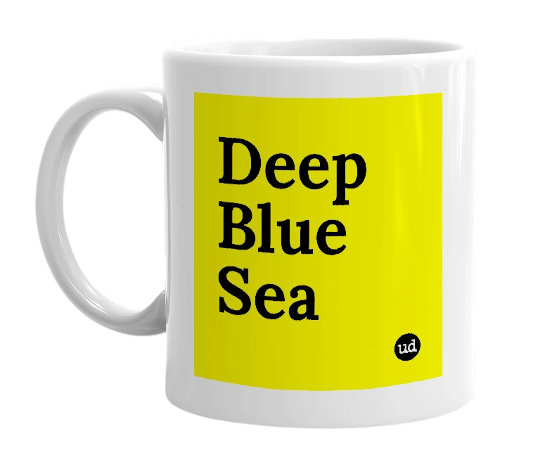 White mug with 'Deep Blue Sea' in bold black letters