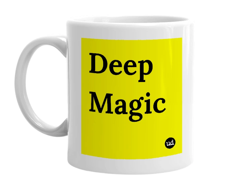 White mug with 'Deep Magic' in bold black letters